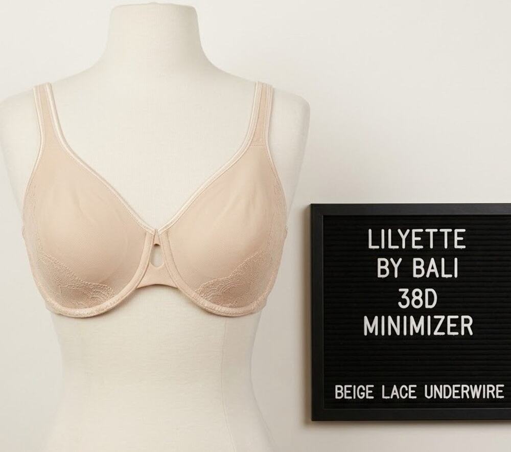 Lilyette by Bali 38D Embellished Keyhole Minimizer Bra #0456 Beige Nude Lace